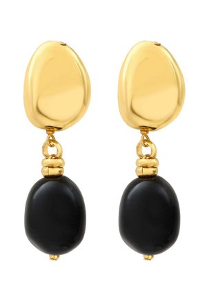 Clous d'oreilles ovales irréguliers dorés avec pendentifs ovales noirs lisses attachés par de petits anneaux dorés.