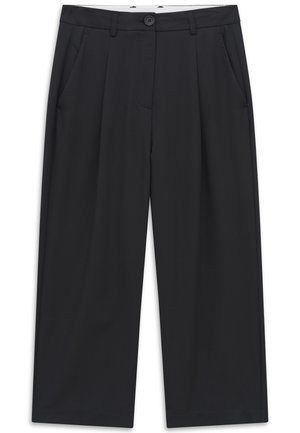 Schwarze, weit geschnittene Hose mit Gürtelschlaufen, vorderer Knopfverschluss und seitlichen Taschen, flach auf einem weißen Hintergrund liegend.