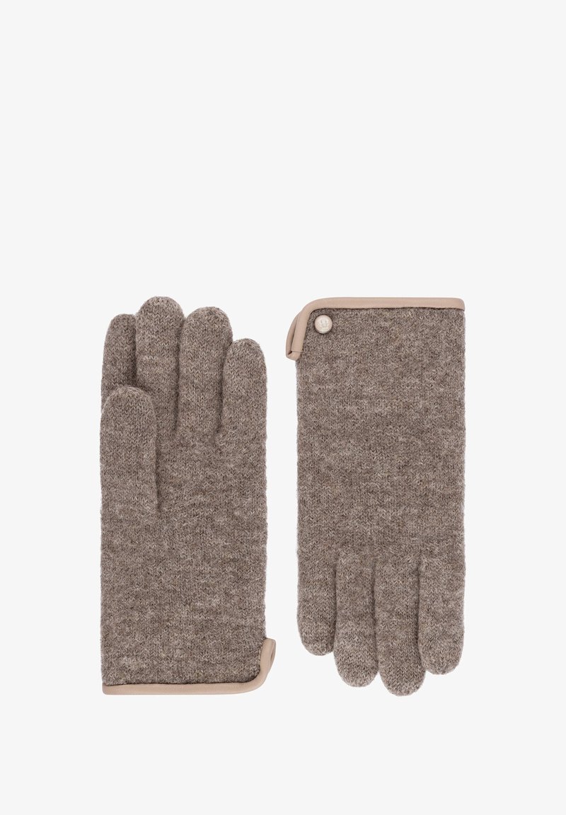 Soft brown knit gloves with beige trim, one showing the palm and the other the back with a small round button detail.