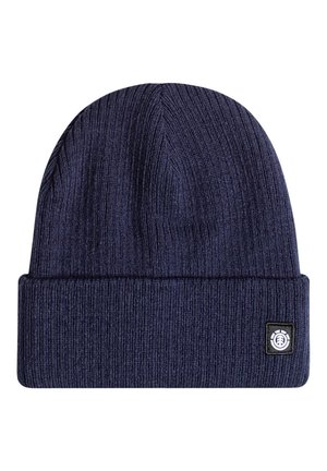 Granatowy dzianinowy beret wykonany z prążkowanego materiału, z przeszytym mankietem i małą naszywką z logo marki z boku.