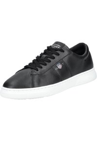 Schwarze Leder-Sneaker mit abgerundetem Zeh, weißer Gummisohle und schwarzen Schnürsenkeln. Verfügt über ein markiertes Logo an der Seite und gestickte Details.