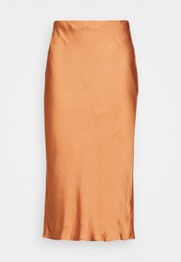 Saténová midi sukně v spálené oran�žové barvě, s hladkým povrchem a rovnou siluetou, se spodním lemem mírně zakřiveným.