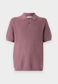 Short-sleeve polo shirt in mauve with a textured zigzag pattern, a pointed collar, and two buttons on the placket. Soft knit material.