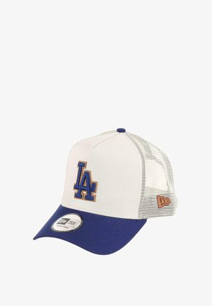 Weißer und blauer Baseballkappe mit LA-Logo, Netzrücken, flachem Schirm, braunem Lederakzent und verstellbarem Snap-Verschluss, mit detaillierter Stickerei.