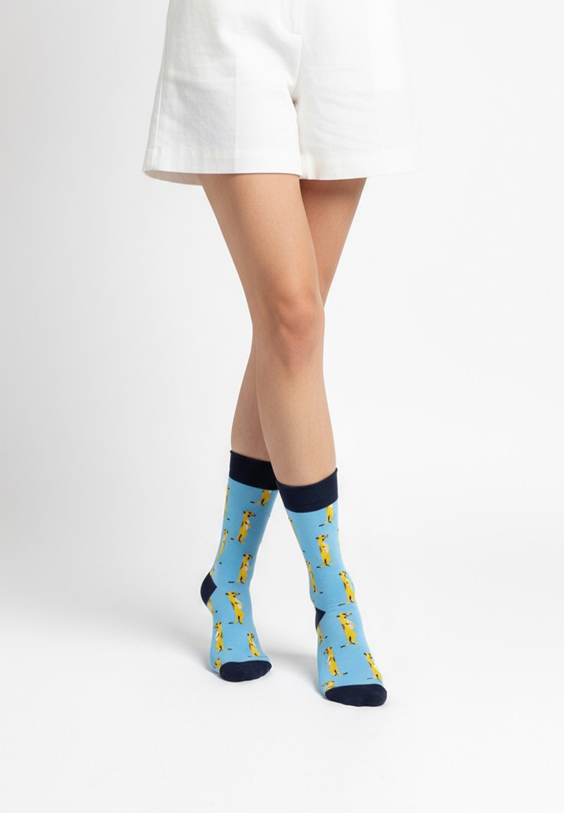 Piernas con pantalones cortos blancos y calcetines azul brillante con patrones amarillos de suricatas, posando sobre un fondo blanco.