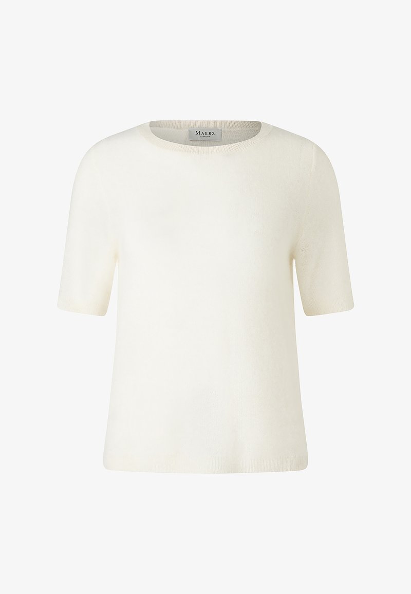 Short-sleeve, crew-neck sweater in cream, made from soft fabric with a smooth texture. Features a simple, classic design with no patterns.