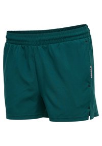 Groene sport shorts gemaakt van lichtgewicht stof, met een elastische tailleband en zijsplitten voor extra bewegingsvrijheid. Eenvoudig ontwerp zonder patronen.