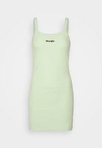 Vestido justo de riscas verde claro com alças finas, apresentando um logótipo preto "Wrangler" na frente. Textura suave, design simples.