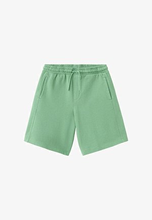 Shorts décontractés vert clair avec ceinture élastique, cordon de serrage ajustable, poches latérales et coupe jusqu'au genou.