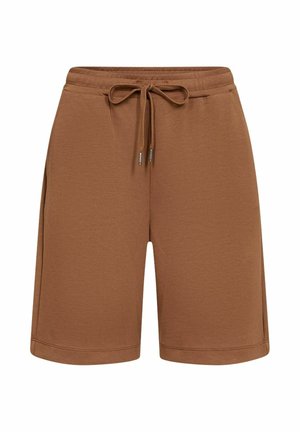 Barna, térdig érő rövidnadrág elasztikus derékpánttal és elöl húzózsinórral, puha anyagból készült.