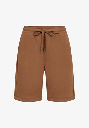 Pantaloni scurți maro până la genunchi, cu talie elastică și șnur frontal, confecționați dintr-un material moale.