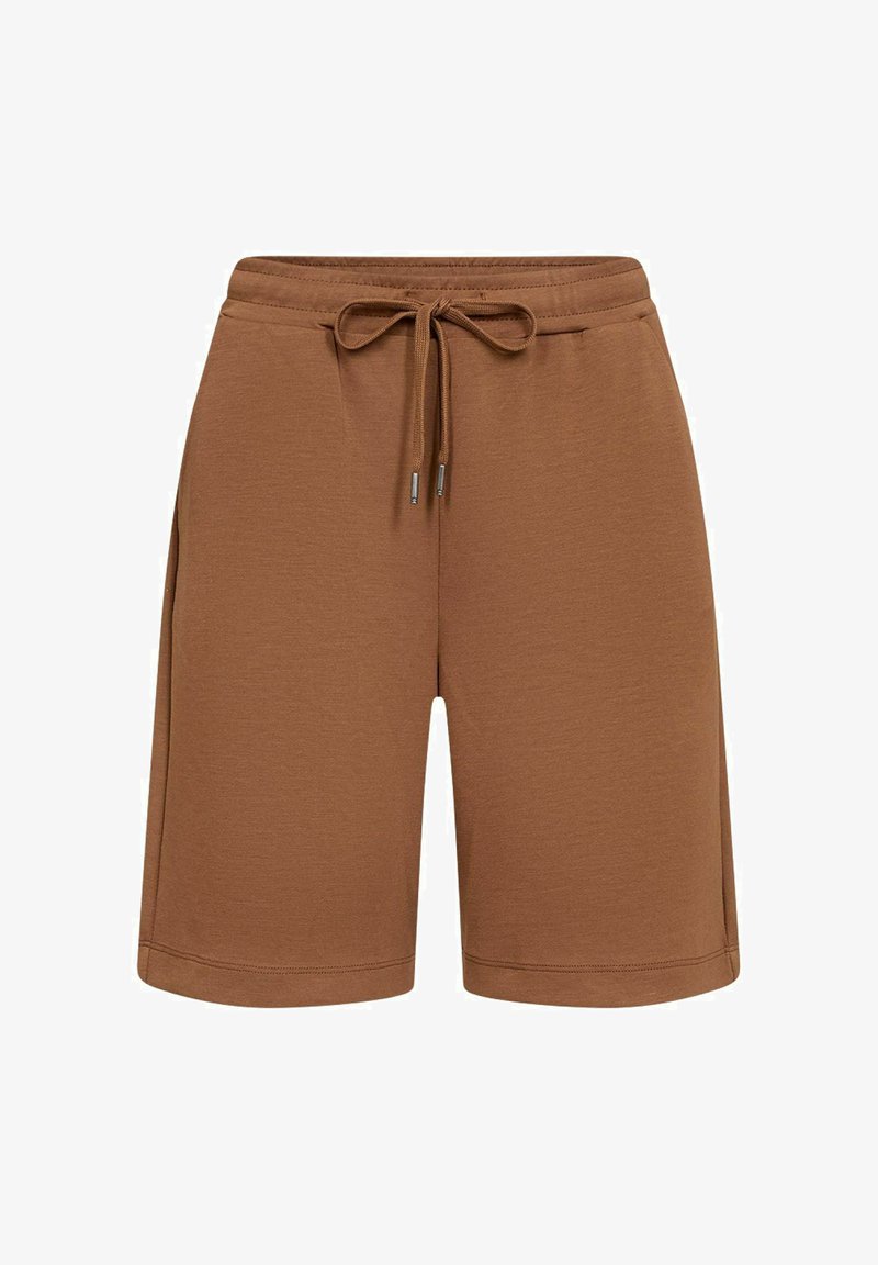 Brune knælange shorts med elastisk taljebånd og snøre foran, lavet af blødt stof.