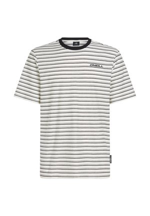 Stripet t-shirt lavet af bomuld, med vandrette sorte striber på en hvid baggrund, sort ribbet krave og et lille logo på brystet.