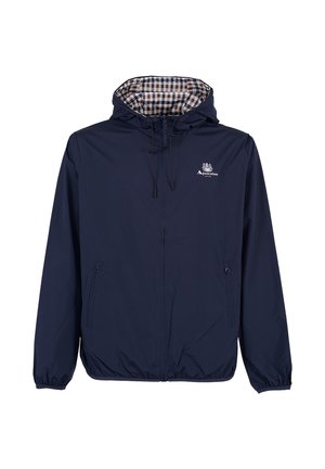 Giacca a vento navy con cappuccio, polsini elasticizzati e fodera a quadri. Comprende due tasche laterali e un logo sul petto.