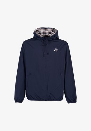 Marineblauer Windbreaker mit Kapuze, elastischen Bündchen und kariertem Futter. Verfügt über zwei Seitentaschen und ein Logo auf der Brust.