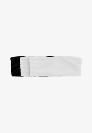 Stak af tre bandeau-toppe i sort og hvid med rynket stoftekstur, arrangeret ved siden af hinanden på en hvid baggrund.