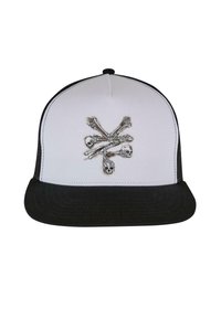 Black and white baseball cap with a flat brim. It features a silver skull and crossbones design on the front panel.