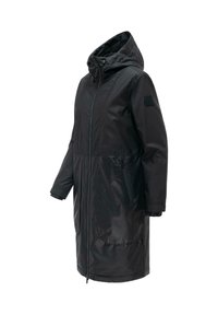 Black long waterproof coat with hood, front zipper, zippered side pockets, and elastic wrist cuffs.