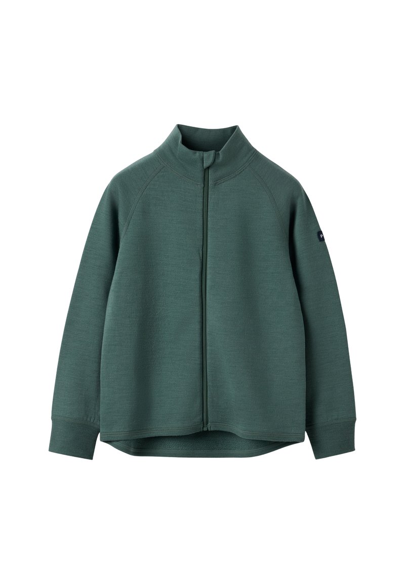 Grøn zip-up jakke med høj krave, raglanærmer og et tekstureret stof. Har en frontlynlås og et logo på venstre ærme.