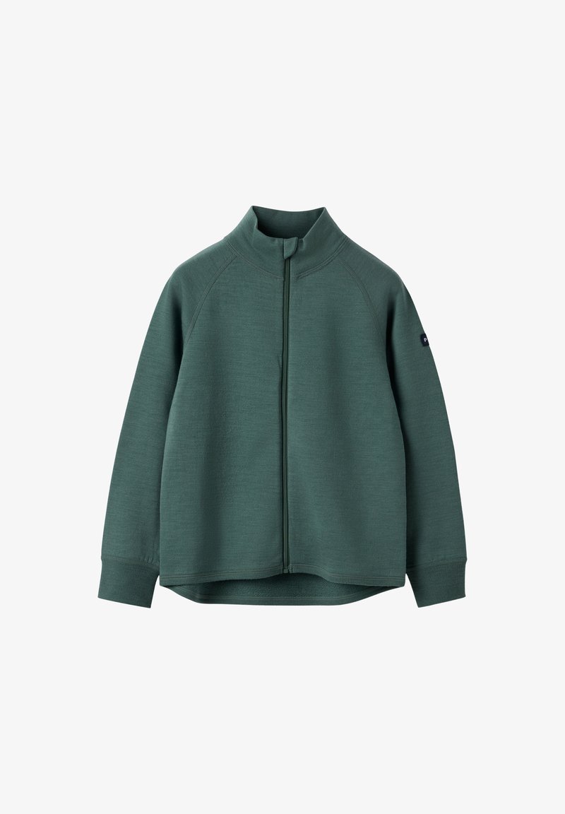 Grüne Zip-up-Jacke mit hohem Kragen, Raglanärmeln und strukturiertem Stoff. Verfügt über einen Frontreißverschluss und ein Logo auf dem linken Ärmel.