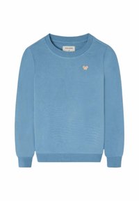 Jersey azul claro de manga larga con cuello redondo, puños y bajos acanalados, con una pequeña mariposa beige bordada en el pecho izquierdo.