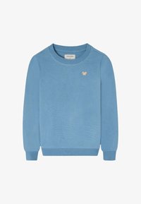 Jersey azul claro de manga larga con cuello redondo, puños y bajos acanalados, con una pequeña mariposa beige bordada en el pecho izquierdo.