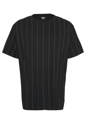 T-shirt noir avec des rayures verticales blanches, à manches courtes, un col rond et une coupe décontractée. Fabriqué en coton.