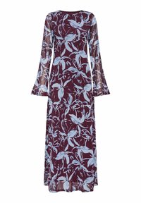 Ilgų rankovų suknelė, pagaminta iš permatomo audinio, su bordo pagrindu ir šviesiai mėlynais gėlių raštais bei platėjančiomis rankovėmis.