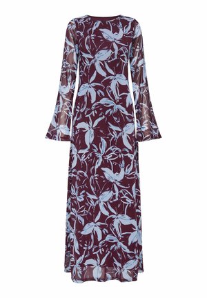 Sukienka z długim rękawem wykonana z przezroczystego materiału, z bordowym tłem ozdobionym jasnoniebieskimi kwiatowymi wzorami i rozkloszowanymi rękawami.
