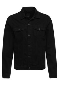 Svart denimjacka med klassisk krage, långa ärmar, två framfickor, knäppning med knappar och en slät yta.