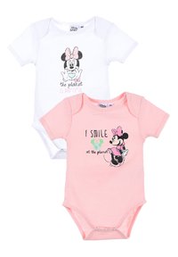 Set van twee baby rompers. De ene is wit met een Minnie Mouse afbeelding en tekst; de andere is roze met Minnie Mouse die harten vasthoudt. Zacht katoen materiaal.