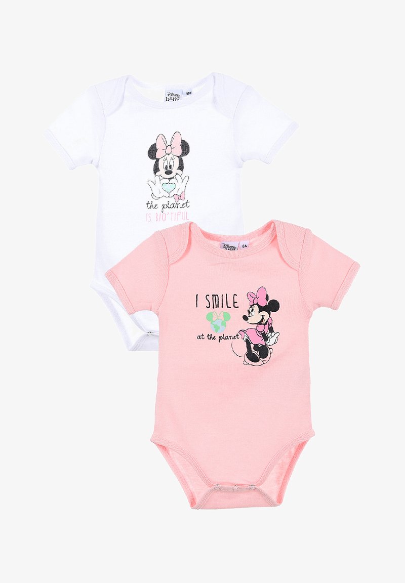 Set van twee baby rompers. De ene is wit met een Minnie Mouse afbeelding en tekst; de andere is roze met Minnie Mouse die harten vasthoudt. Zacht katoen materiaal.
