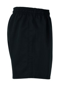 Zwarte shorts met een elastische tailleband, gemaakt van een zachte stof. Ze hebben een rechte snit en geen extra zakken of versieringen.