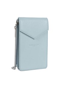 Light blue leather wallet with an envelope-style flap, textured surface, silver chain strap, and embossed brand logo on the front.