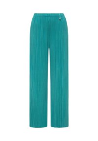Turkusowe szerokie spodnie plisowane z elastycznym pasem i małym ozdobnym zawieszką po prawej stronie.