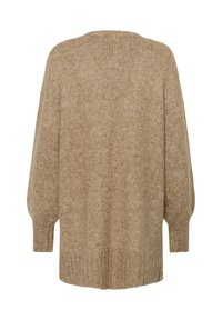 Beżowy oversize sweter z prążkowanym dołem i balonowymi rękawami. Pleciona struktura w całym swetrze, luźny krój i okrągły dekolt.
