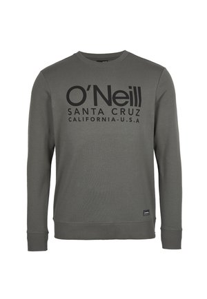 Sweat-shirt gris foncé à manches longues avec col rond, texte noir "O'Neill Santa Cruz California-U.S.A" sur la poitrine et petit patch logo près de l'ourlet.