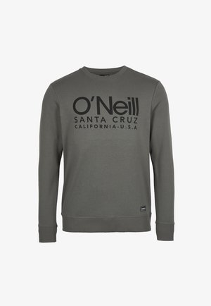 Sweat-shirt gris foncé à manches longues avec col rond, texte noir "O'Neill Santa Cruz California-U.S.A" sur la poitrine et petit patch logo près de l'ourlet.