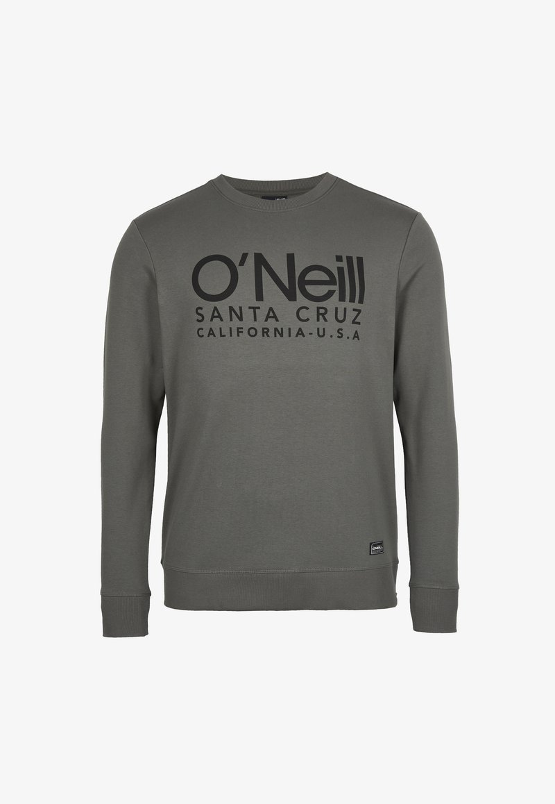 Sweat-shirt gris foncé à manches longues avec col rond, texte noir "O'Neill Santa Cruz California-U.S.A" sur la poitrine et petit patch logo près de l'ourlet.
