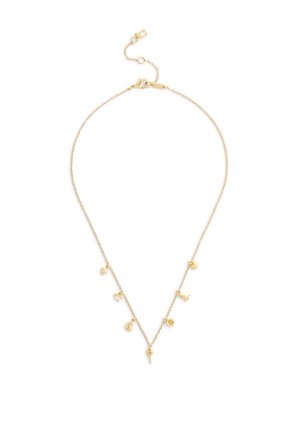 Collier doré avec une chaîne délicate ornée de différents charms, incluant une étoile, un cœur et des formes animales, répartis uniformément sur toute la longueur.