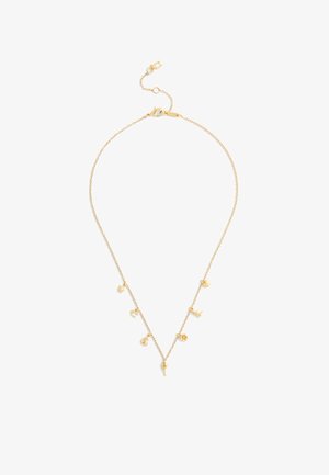 Gouden ketting met een delicate schakel, versierd met diverse bedels, waaronder een ster, hart en dierlijke vormen, gelijkmatig verdeeld over de lengte.
