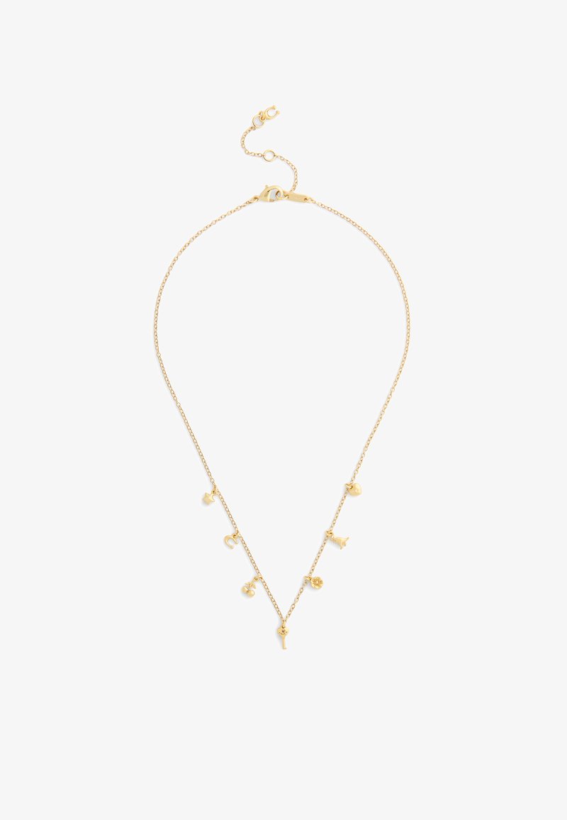 Collier doré avec une chaîne délicate ornée de différents charms, incluant une étoile, un cœur et des formes animales, répartis uniformément sur toute la longueur.