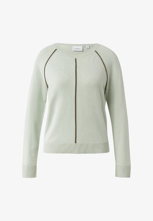 Jasnozielony, długi sweter dziany z ciemnymi, pionowymi przeszyciami oraz prążkowanymi mankietami i dołem.