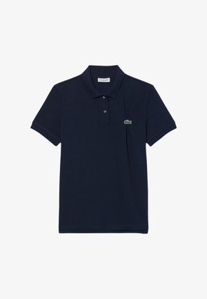 Hemd in Marineblau aus Baumwolle, mit klassischem Kragen, kurzen Ärmeln und einem kleinen grünen Krokodil-Logo auf der Brust.