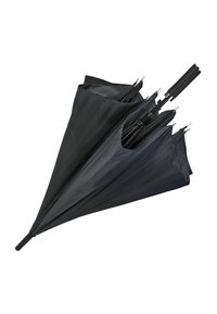 Parapluie pliant noir avec une poignée lisse, en tissu nervuré et avec une texture subtile ; design compact avec plusieurs rayons et une silhouette épurée.
