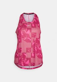 Top senza maniche Nike di colore rosa con un motivo geometrico in diverse sfumature di rosa, realizzato in tessuto leggero, con scollatura rotonda e orlo curvo.