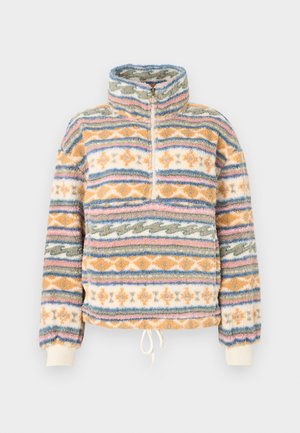 Fleece pullover with a high collar and half zipper. Features multicolored vertical stripes in orange, blue, and cream. Soft texture.