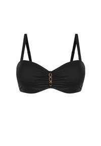 Czarny biustonosz bikini z marszczeniem i złotym akcentem na środku. Regulowane ramiączka wykonane z gładkiego materiału.