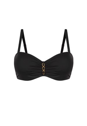Czarny biustonosz bikini z marszczeniem i złotym akcentem na środku. Regulowane ramiączka wykonane z gładkiego materiału.