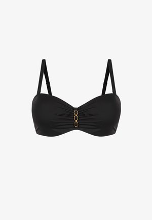 Czarny biustonosz bikini z marszczeniem i złotym akcentem na środku. Regulowane ramiączka wykonane z gładkiego materiału.
